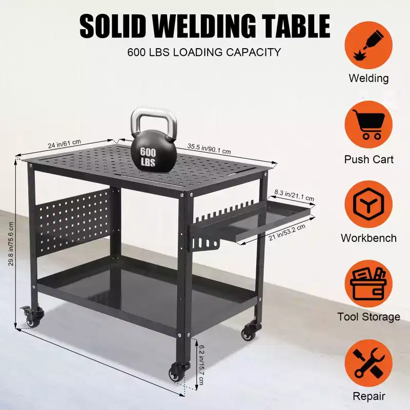 Welding Table, Heavy Duty Welding Table 36X24  Steel Bench with Wheels, Storage & Pegboard Portable for Hobbyist Workshop