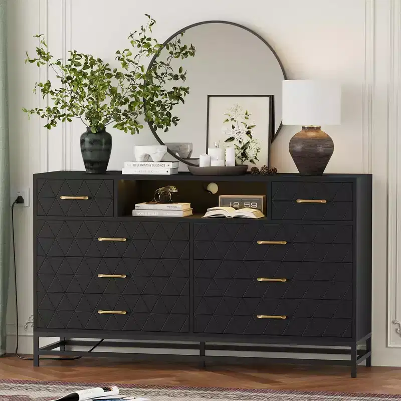 55 Inch 8 Drawer Wood Dresser TV Stand. Chest of Drawers with LED Lights & Power Outlet. Storage Organizer for Bedroom. Living Room & Closet