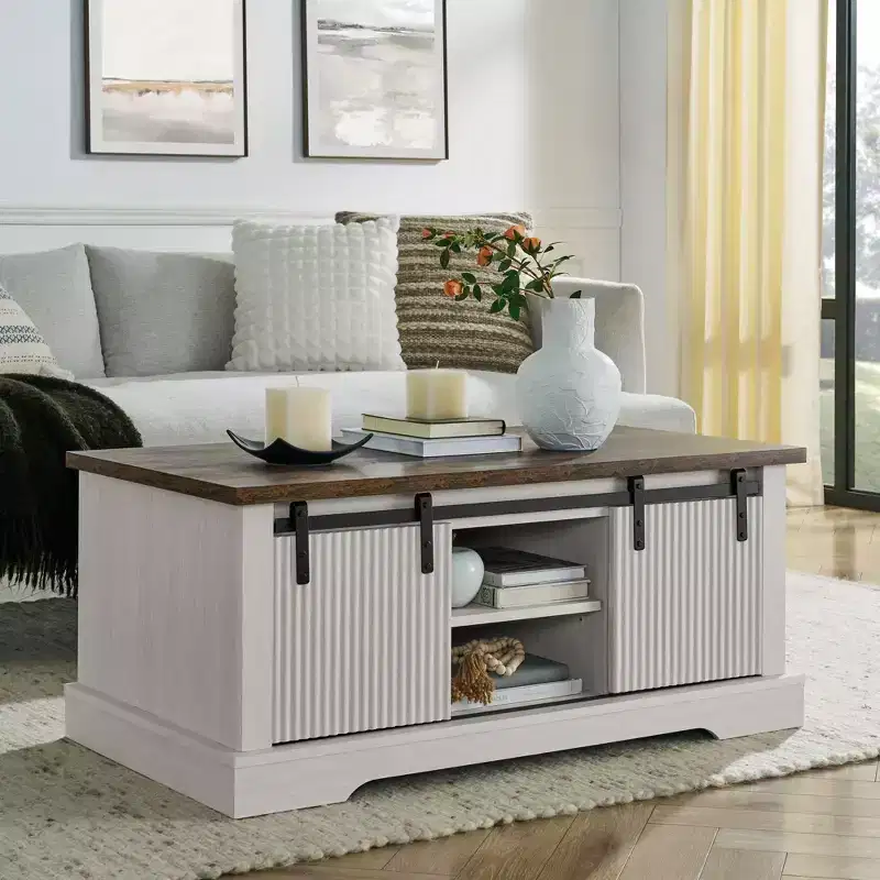 41 Farmhouse Coffee Table with Sliding Barn Door, 3-Cube Storage & Adjustable Shelves, Wood Rectangular Cocktail Table for Living Room
