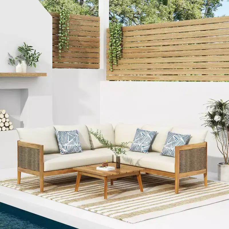 Christopher Knight Home Burchett Outdoor Acacia Wood and Round Wicker 5 Seater Sectional Sofa Chat Set with Cushions, Teak/Beige