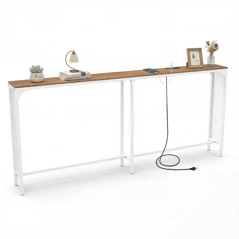 Costway 71'' Console Table w/Power Outlet Metal Frame for Hallway Foyer Living Room Natural & White