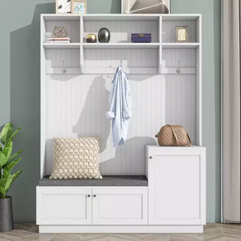 Elegant Hall Tree with 3 Hooks and 3 Top Shelves, Freestanding Coat Rack with Shoe Cabinet and Cushion Bench, Coat Tree for Living Room, White