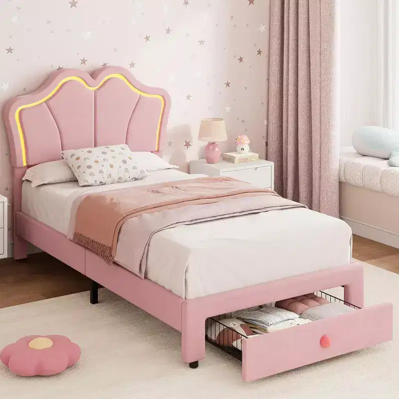Upholstered LED Bed Frame with Cute Headboard and Storage for Kids, Girls