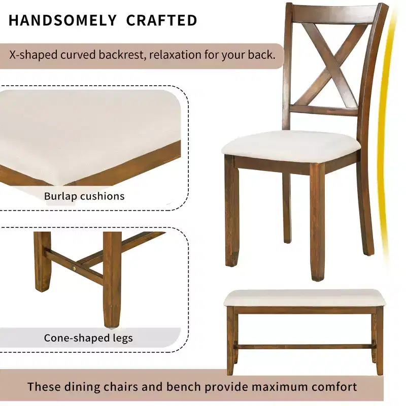 Whisen 6-Piece Wooden Rectangular Kitchen Dining Table Set with 4 Fabric Chairs and Bench