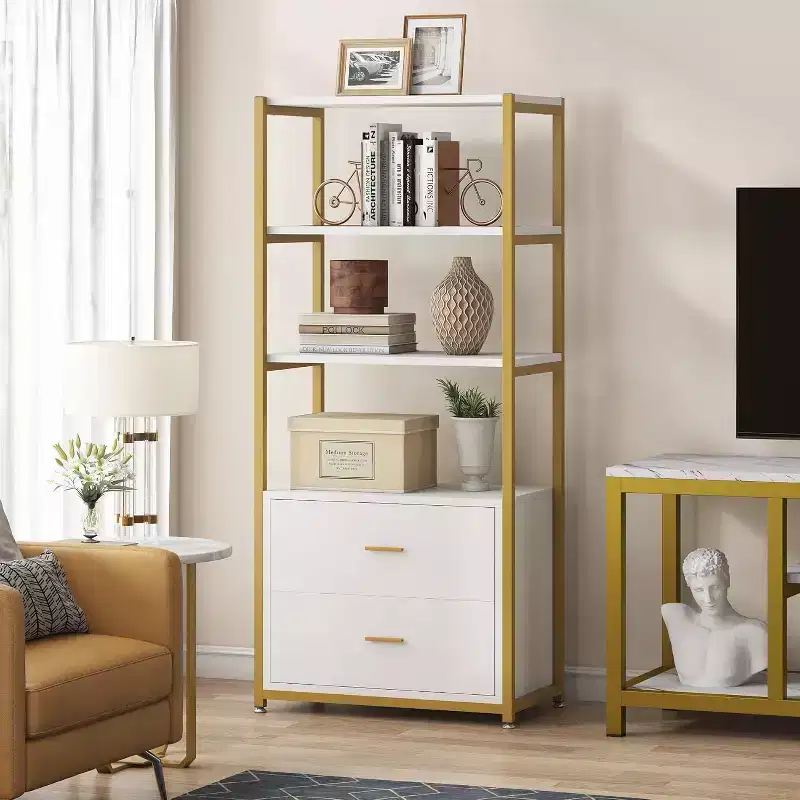 4-Tier Bookshelf with 2 Drawers – Metal Frame, Particle Board, 60