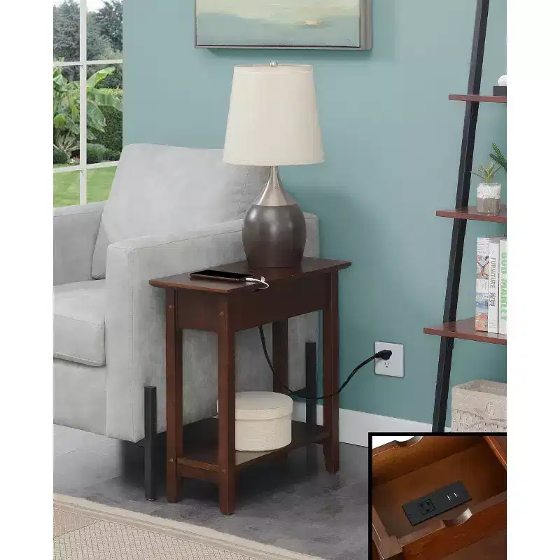 HomeStock Belmont Flip Top End Table with Storage and Charging Station, Featuring USB Ports, Power Outlets and Slim Space Saving Design