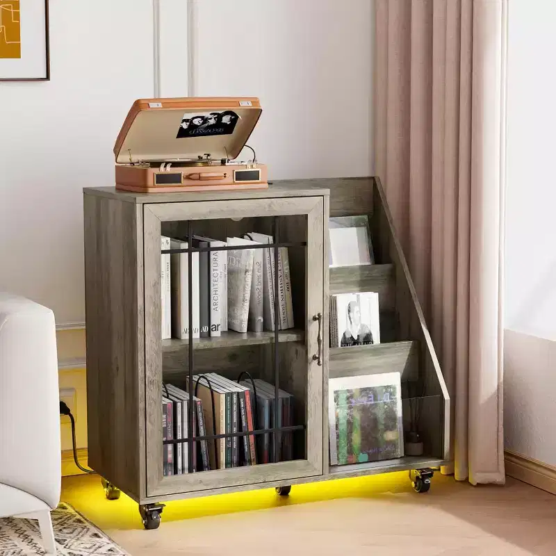 Record Player Stand with Vinyl Storage for 350+ Albums, LED Charging Station