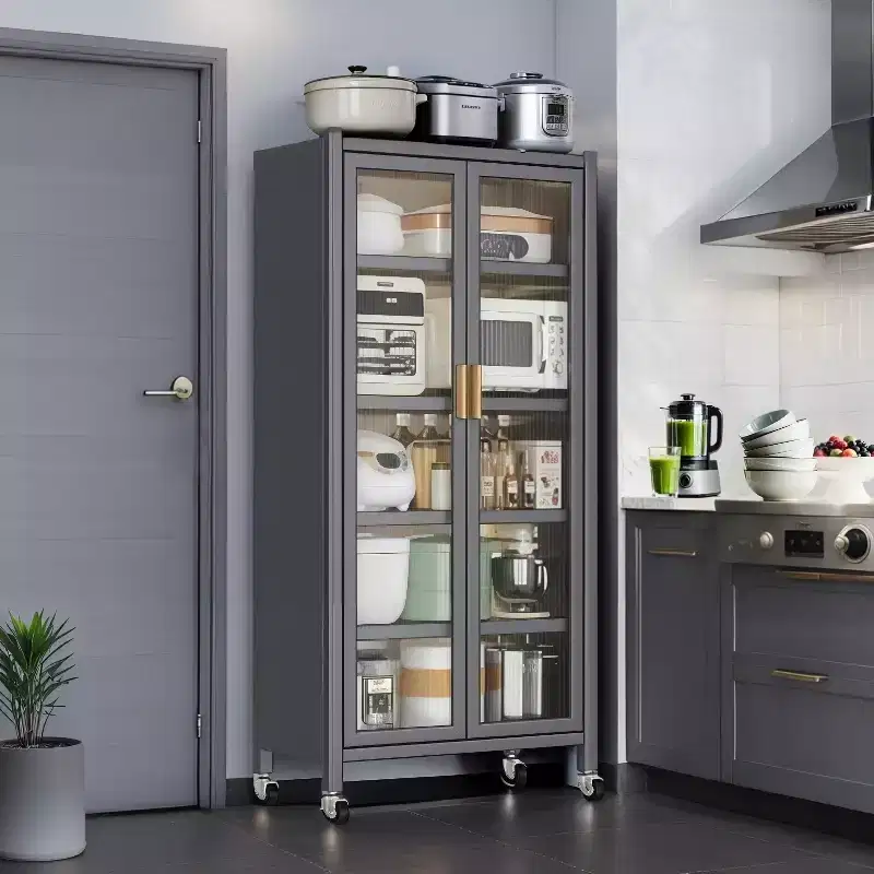 67.3 Kitchen Pantry Storage Cabinet with Acrylic Glass Door, Adjustable Shelves & Wheels,Metal Tall Food Pantries Cabinets,for Kitchen