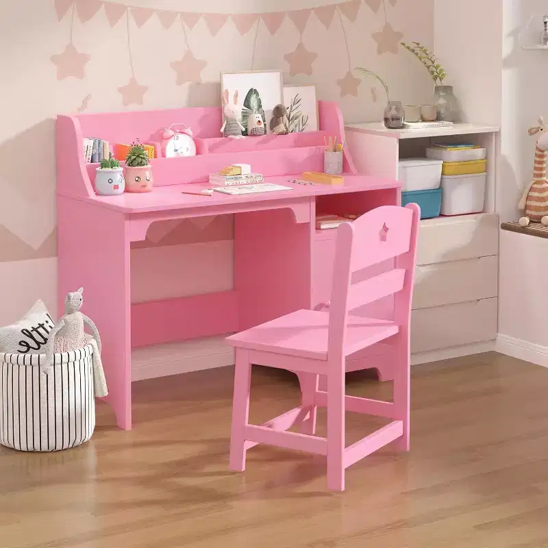 Kids Desk and Chair Set with Hutch & Storage Cabinet, Wooden Study Table for Children, Student Writing Desk for Bedroom or Study Room, Pink