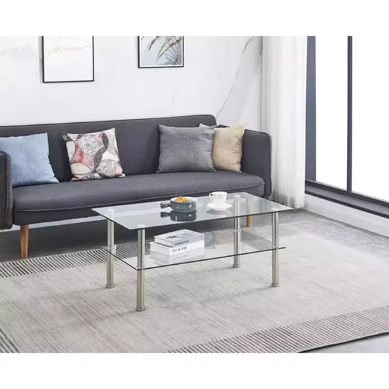 Clear Glass & Silver Metal 2-Tier Coffee Table, 4-Leg