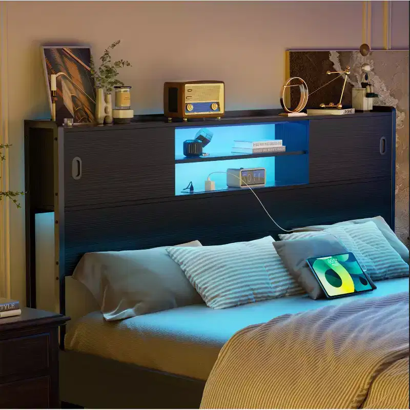 Storage Headboard with Sliding Doors and Charging Station
