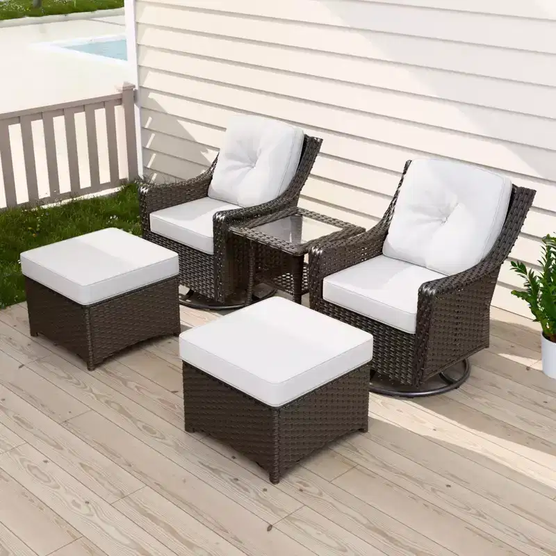 EAGLE PEAK Azure Bay 5 Pieces Wicker Outdoor Patio Furniture Set, Swivel Rocking Chairs with Ottomans, Side Table