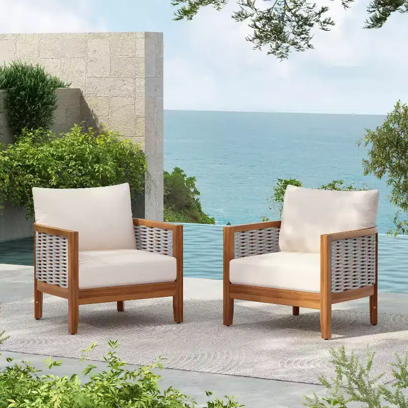 Christopher Knight Home Liliana Modern Patio Acacia Wood Woven Rope Armchair with Thick Cushions