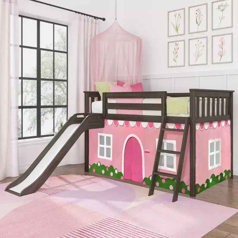 Twin Low Loft With Easy Slide & Light Pink & White Farmhouse Curtain
