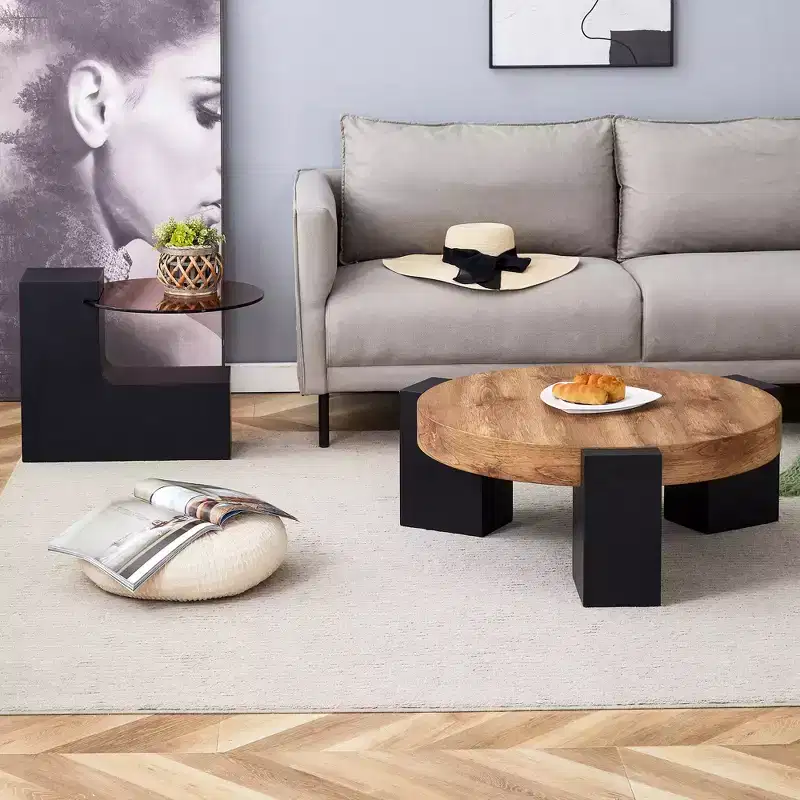 Round Nesting Coffee Table Cocktail Table Center Table End Table SIde Table with Transparent Glass Top and L-Shaped Legs, White/Brown+Black-ModernLuxe