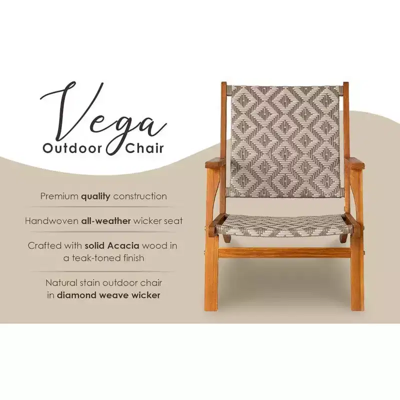 Balkene Home Vega Natural Stain Outdoor Chair All Weather Wicker Outdoor Chair Acacia Wood Construction Comfortable Armchair - Diamond Weave Wicker