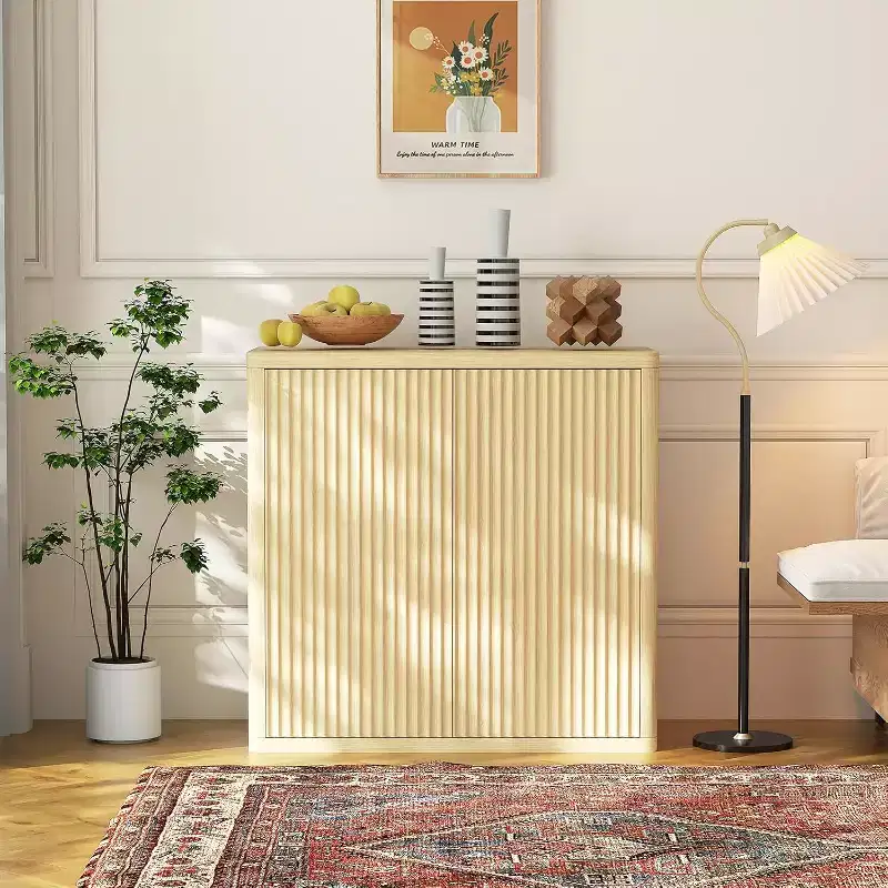 34.6-Inch Wooden Sideboard Buffet Cabinet with 2 Fluted Doors & Adjustable Shelves, Free Standing Coffee Bar for Dining Room Living Room