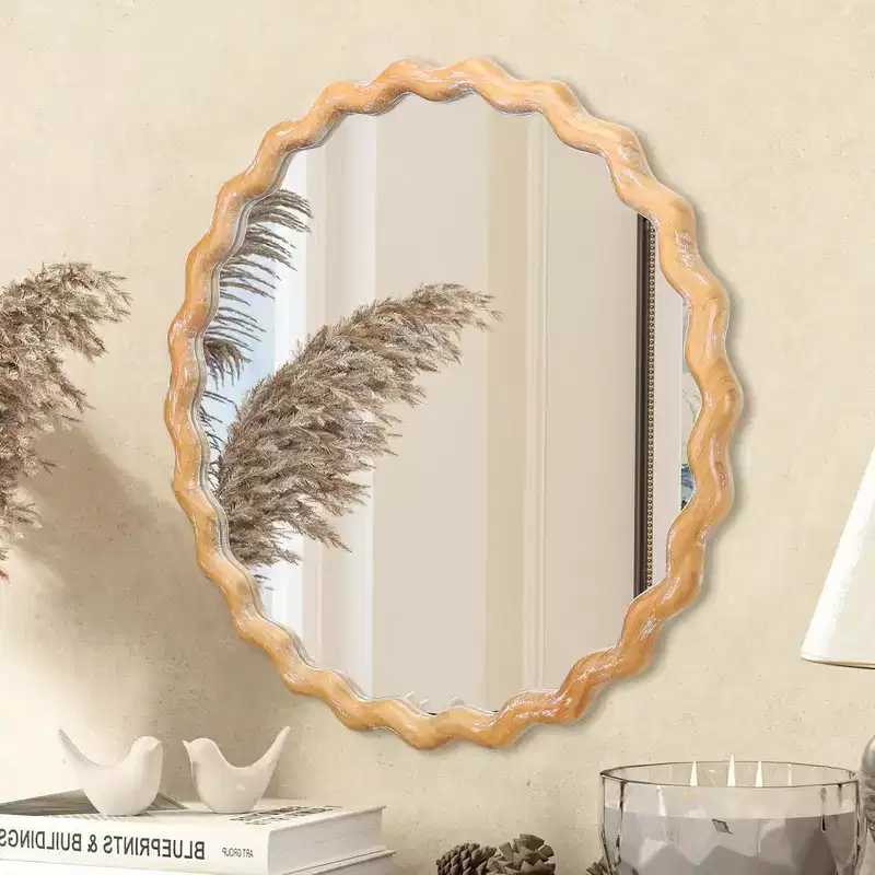 MAYEERTY 27.5 Wooden Round Wavy Wall Mirror Whitewash Edge Decorative Mirror for Bathroom Vanity Bedroom Living Room
