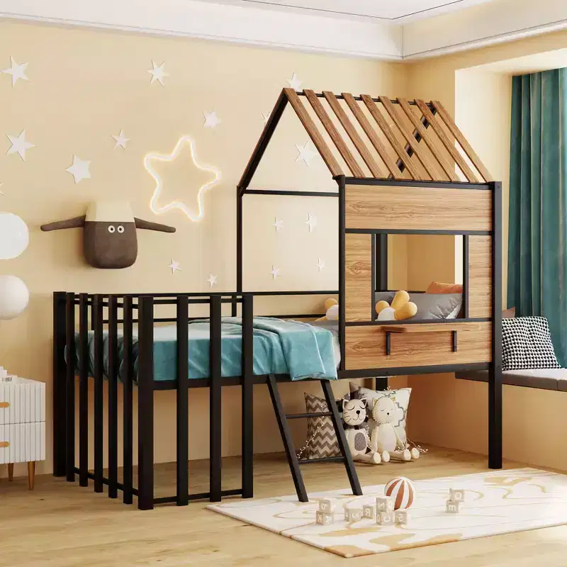 Metal House Loft Bed for Kids, Twin Size Loft Bed Frame with Roof & Window