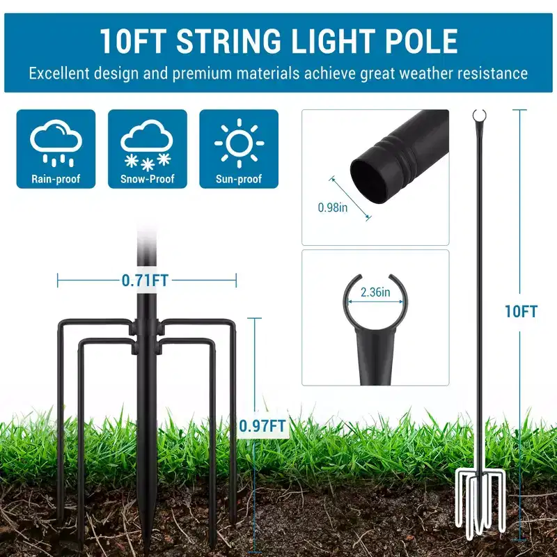 10FT Outdoor String Light Poles, Heavy Duty Metal Poles with 5-Prong Ground Base for Hanging String Lights, Tall Yard Garden Light Poles