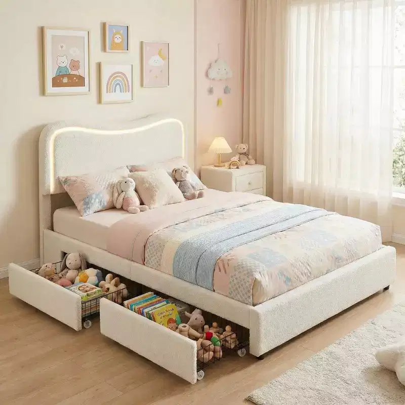 Bed Frame with 2 Storage Drawers, Upholstered Platform Bed with LED Headboard, No Box Spring Needed for Kids, Teens