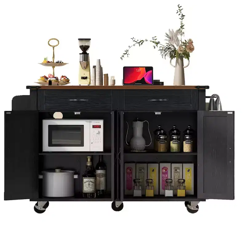 Farmhouse Rolling Kitchen Island with Power Outlet, Storage Rack, Drop Leaf, Spice Rack