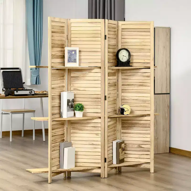 MAYEERTY 4 Panel Folding Room Divider Freestanding Paulownia Wood Privacy Screen Panel with Storage Shelves for Home Office Natural Wood