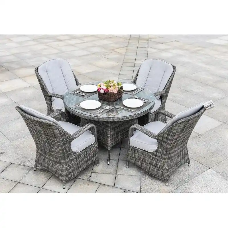 5-pieces Patio Wicker Round Dining Set with 4 Armchairs