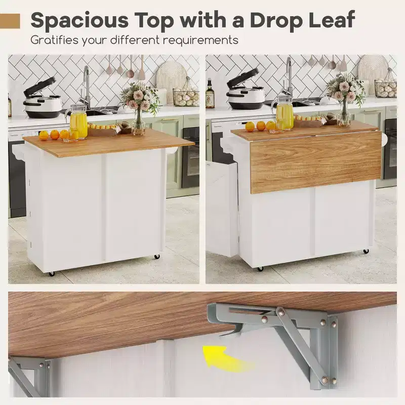 Costway Rolling Kitchen Island Kitchen Island Cart with Drop Leaf Trash Can Cabinet Black/White