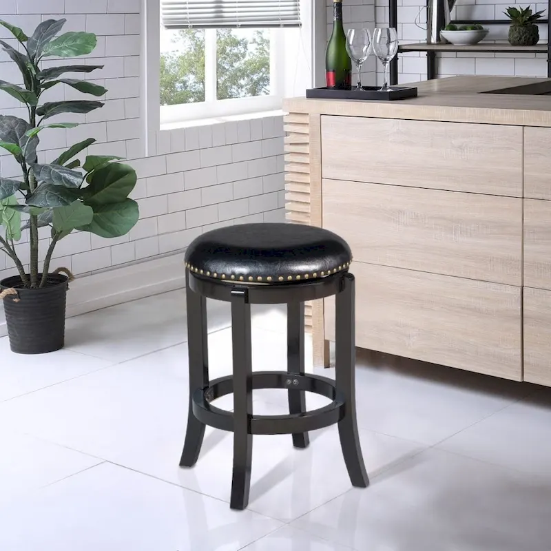 Black Swivel Counter Height Bar Stool, Faux Leather, Nailhead Trim