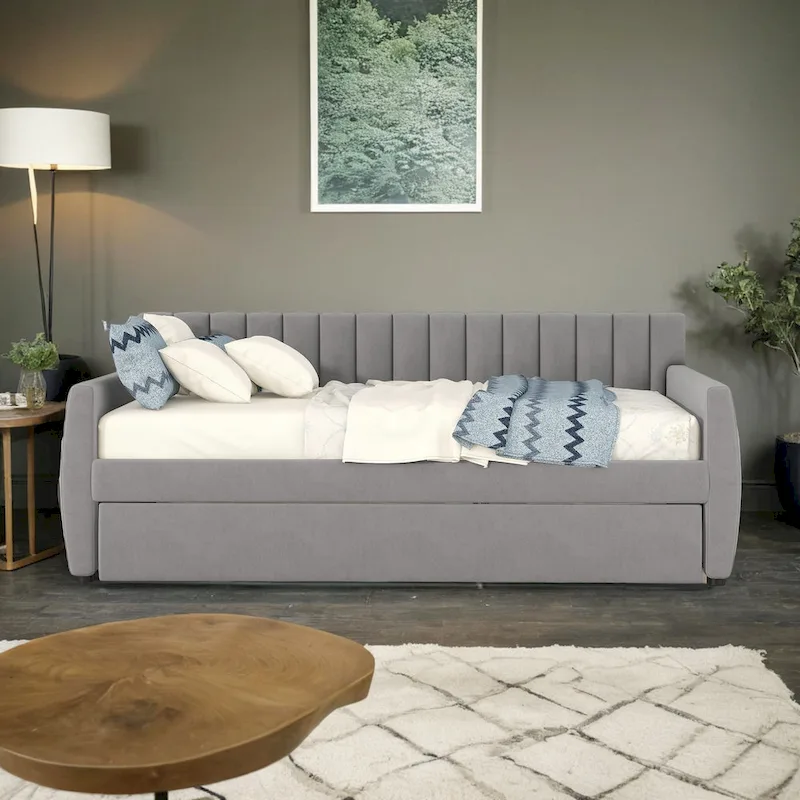 Full Size Upholstered Daybed with Trundle and Wood Slat Support