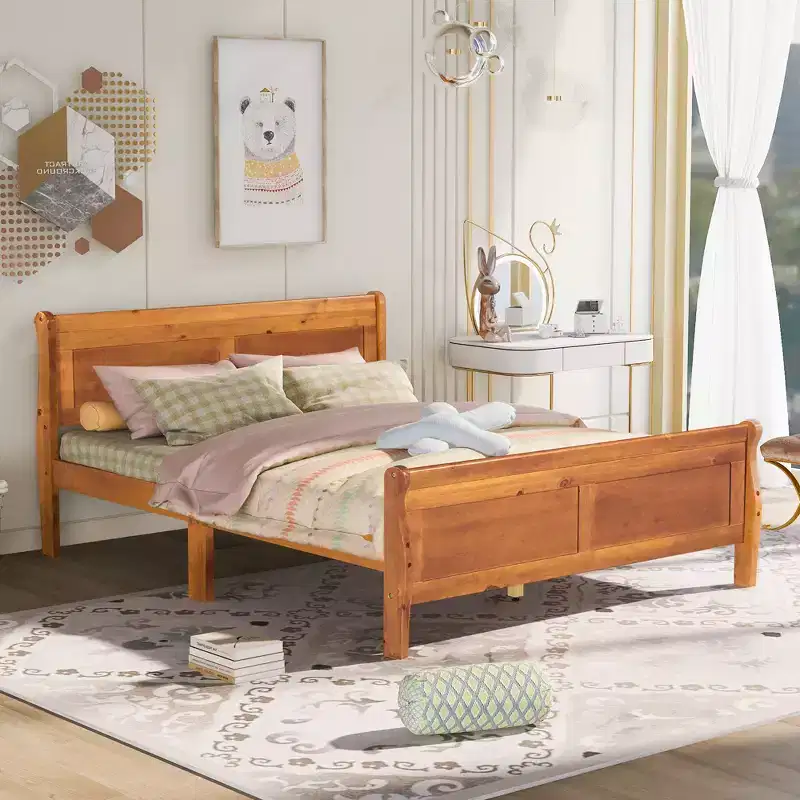 Queen Size Wood Platform Bed with Headboard, Easy Assembly, Oak