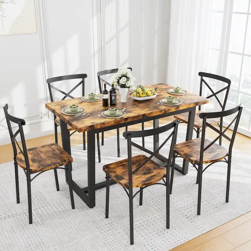 Modern Style Dining Table with Rectangular Table and 6 Cross Back Dining Chairs