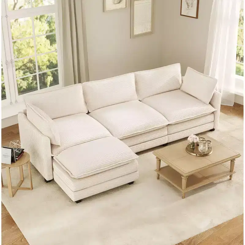 Hyleory Cozy Corduroy L-Shaped Sectional Sofa with Movable Ottoman - Soft Touch, Space-Saving Design