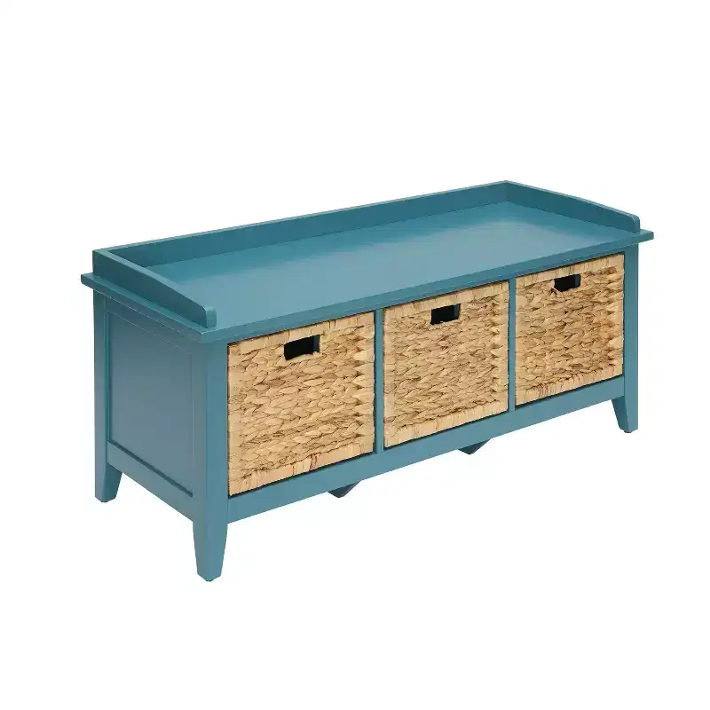 Simple Relax Wooden Bench with 3 Drawers in Rattan and Teal
