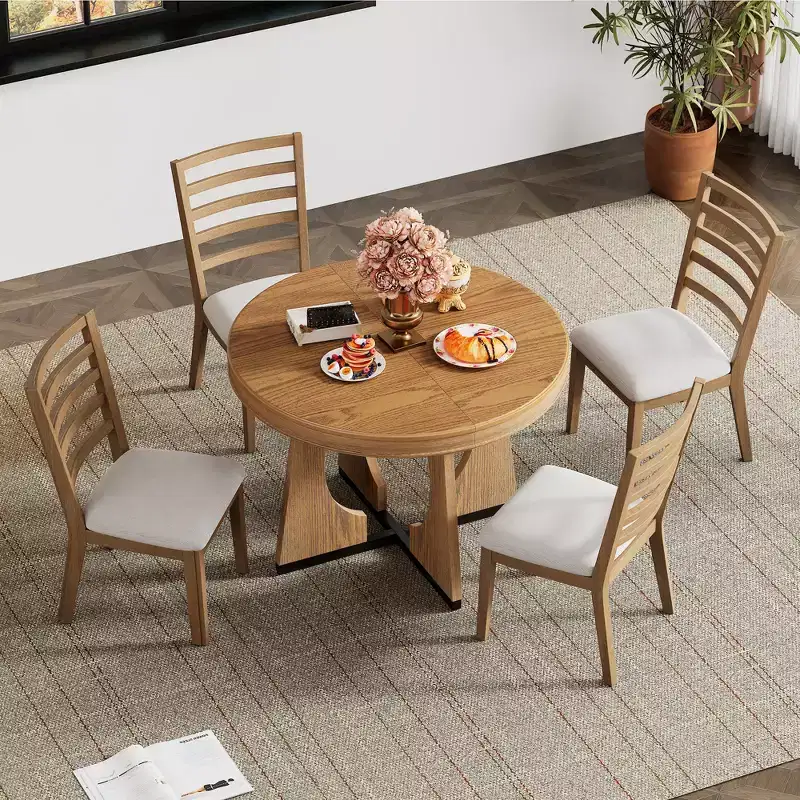 Whisen 5-Piece Retro Rustic Functional Dining Set with 1 Extendable Table and 4 Upholstered Chairs