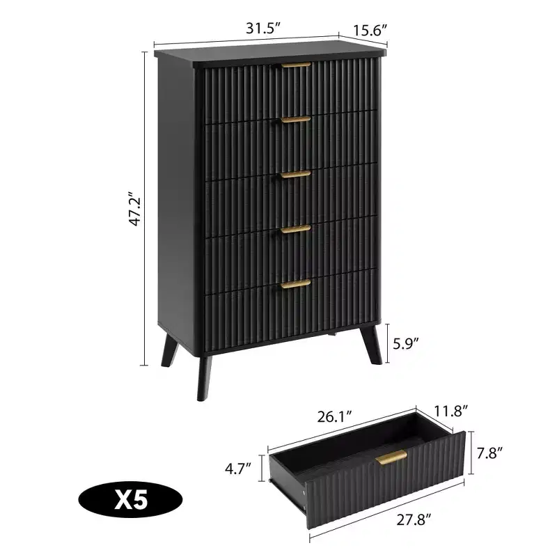 5 Drawers Dresser for Bedroom, 47.2 Tall Dressers with Curved Profile Design, Fluted Wood Drawers with Gold Handle, Modern Chest of Dressers