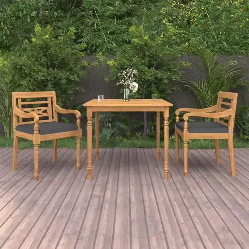 vidaXL Outdoor Dining Set - 3 Piece Patio Set, Solid Teak Wood, Square Table, Retro Style, Cushioned Chairs, Dark Grey Cushions