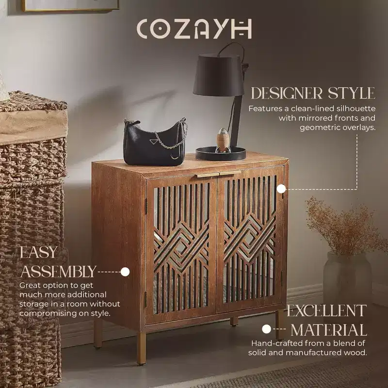 COZAYH Modern 2 Door Accent Cabinet with Mirror Front, Storage for Entryway or Living Room, Wood Finish with Metal Legs