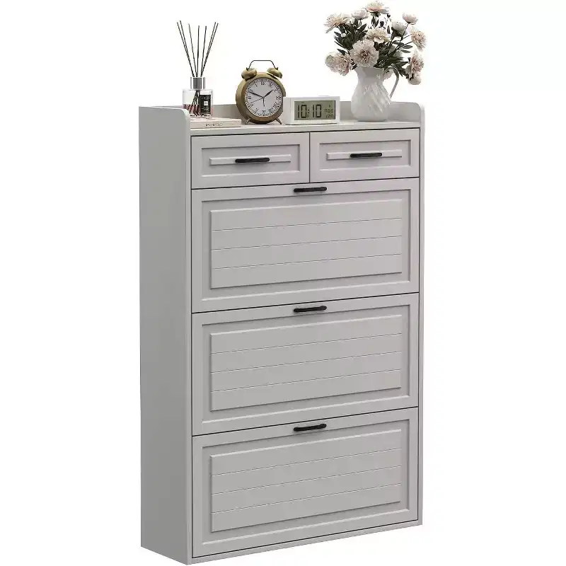 Shoe Cabinet with 3 Flip Drawers and 2 Storage Drawers, Narrow Space-Saving Shoe Organizer with Adjustable Shelves for Entryway, White