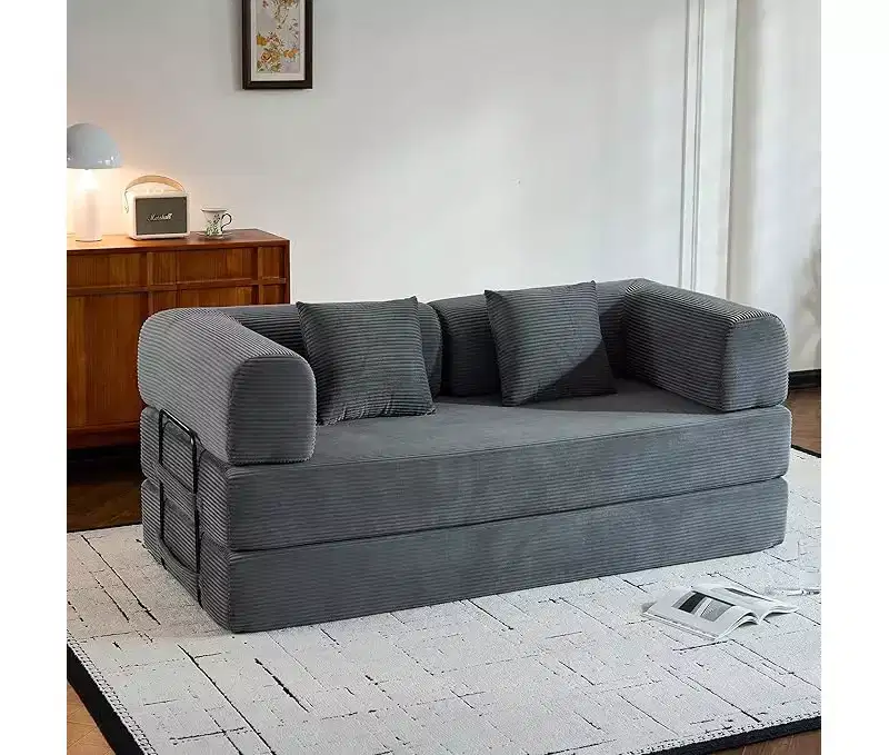 Convertible Sofa Bed Platform, with Cylindrical Pillow and Corduroy Foldable Mattress, Suitable for Living Room, Bedroom, Lounge, and Studio