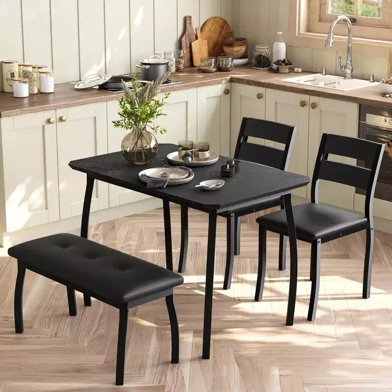 Dining Table Set for 4,Sturdy Wooden Kitchen Table with Chamfer Design and Metal Legs,Upholstered Bench&2 Classic Dinner Chairs,Kitchen and Dining Set