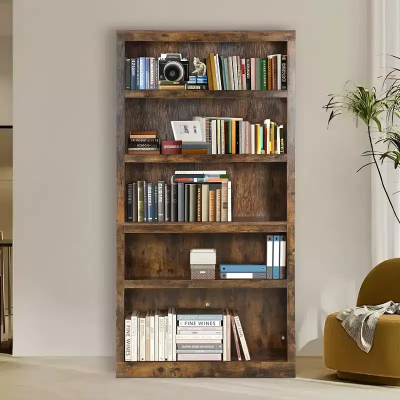 FDW Industrial-Style 5-Tier Bookshelf Wood Bookcases Perfect for Home Office Living Room, Brown