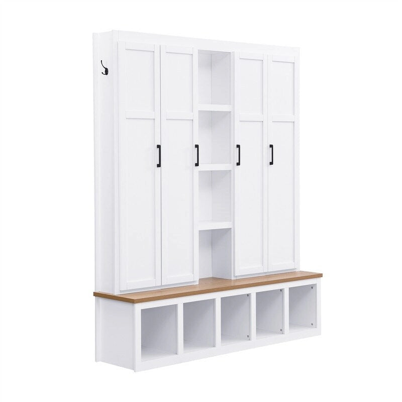 Farmhouse 4-in-1 Hall Tree with Open Display Shelves, Mudroom Shoe Bench with Open Compartments, Entryway Coat Rack with 6 Hooks