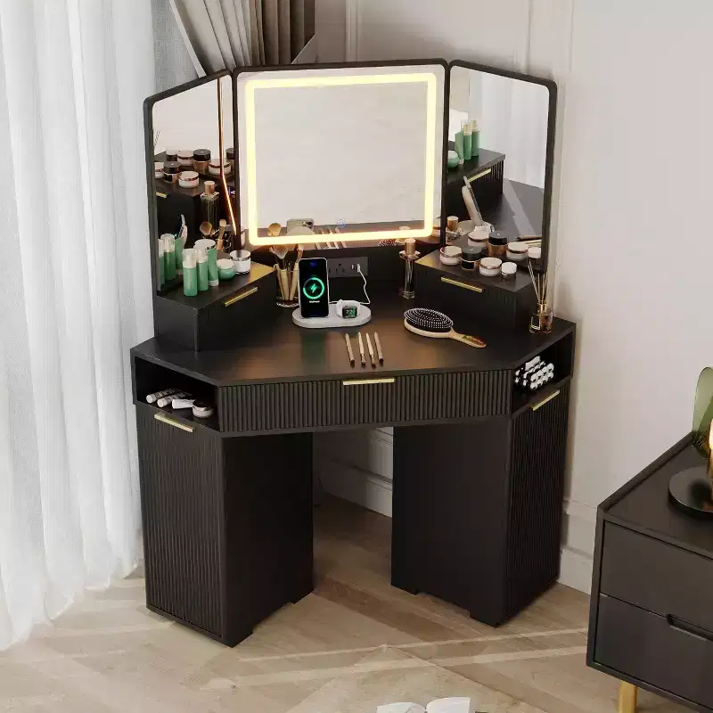 Corner Vanity Desk with Lighted Mirror and Charging Station