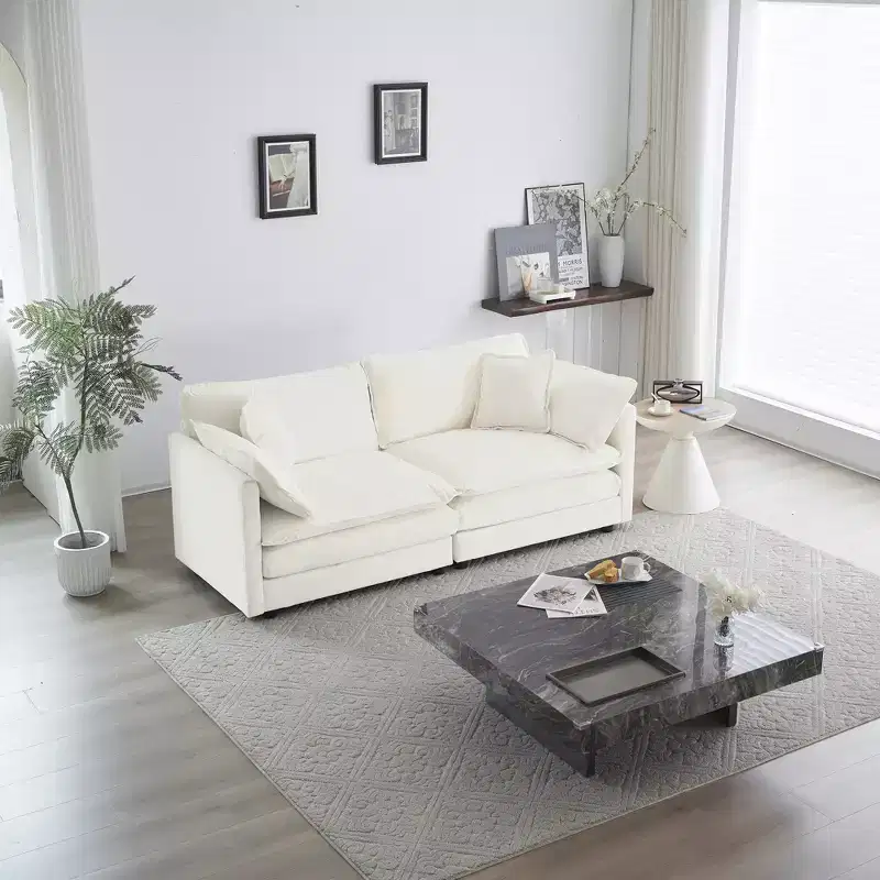 Modern 2-Seat Chenille Loveseat Sofa with 4 Pillows – White, Modular Design