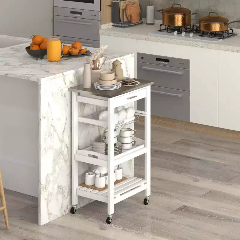 Costway Compact Kitchen Island Cart Rolling Service Trolley with Stainless Steel Top Basket