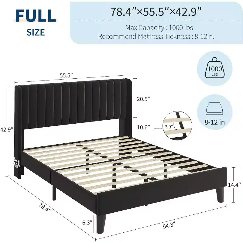 Full Size Velvet Upholstered Platform Bed Frame with Vertical Channel Tufted Wingback Headboard, No Box Spring Needed, Easy Assembly