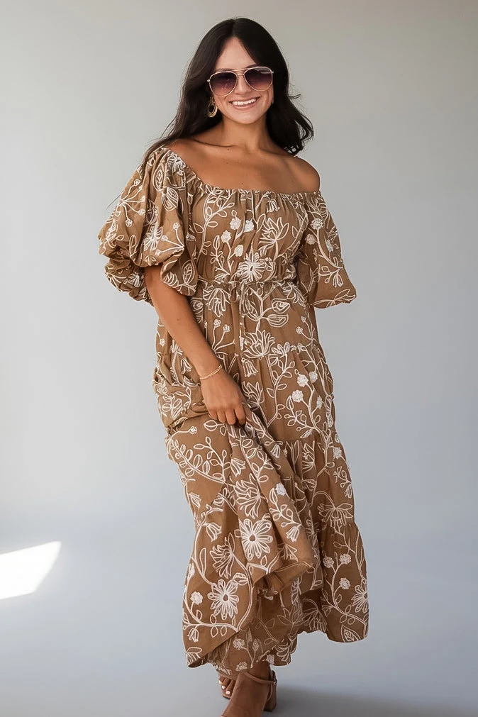 Taupe Floral Puff Sleeve Smocked Midi Dress