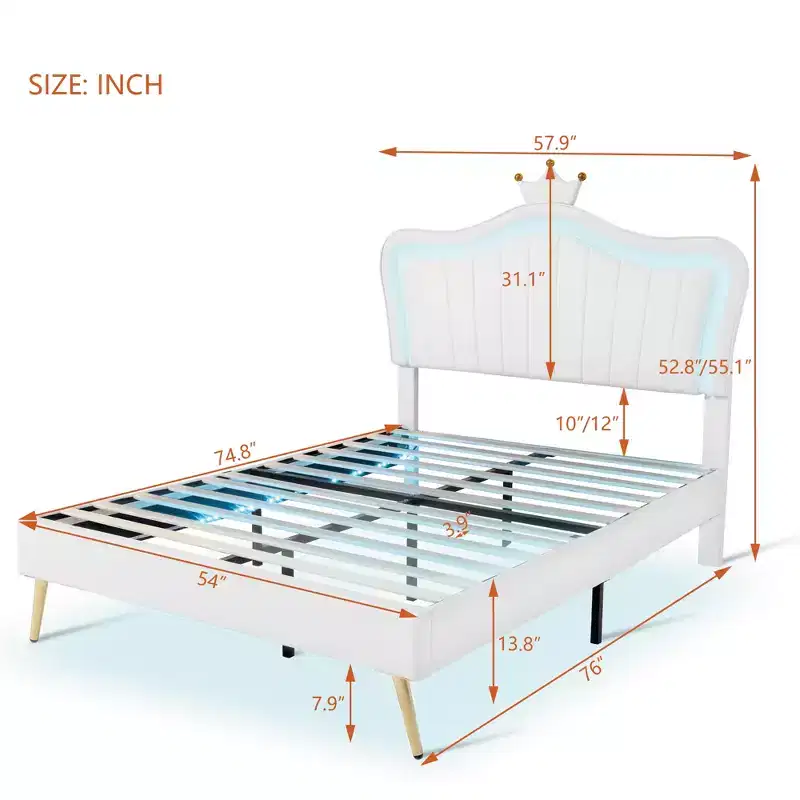 Crown Headboard Full Size Princess Bed Upholstered Full Bed Frame with LED Lights Adjusted Headboard for Girls, White